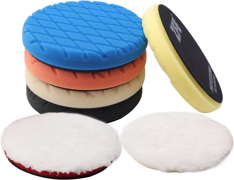 ZFE Buffing Polishing Pads, 7Pcs 6"(150mm) Waffle Foam Buffing Pads Polishing Pads Wool Pad Kit for 6Inch Backing Plate RO/DA/GA Car Polisher Boat Compounding, Polishing and Waxing - Image 1